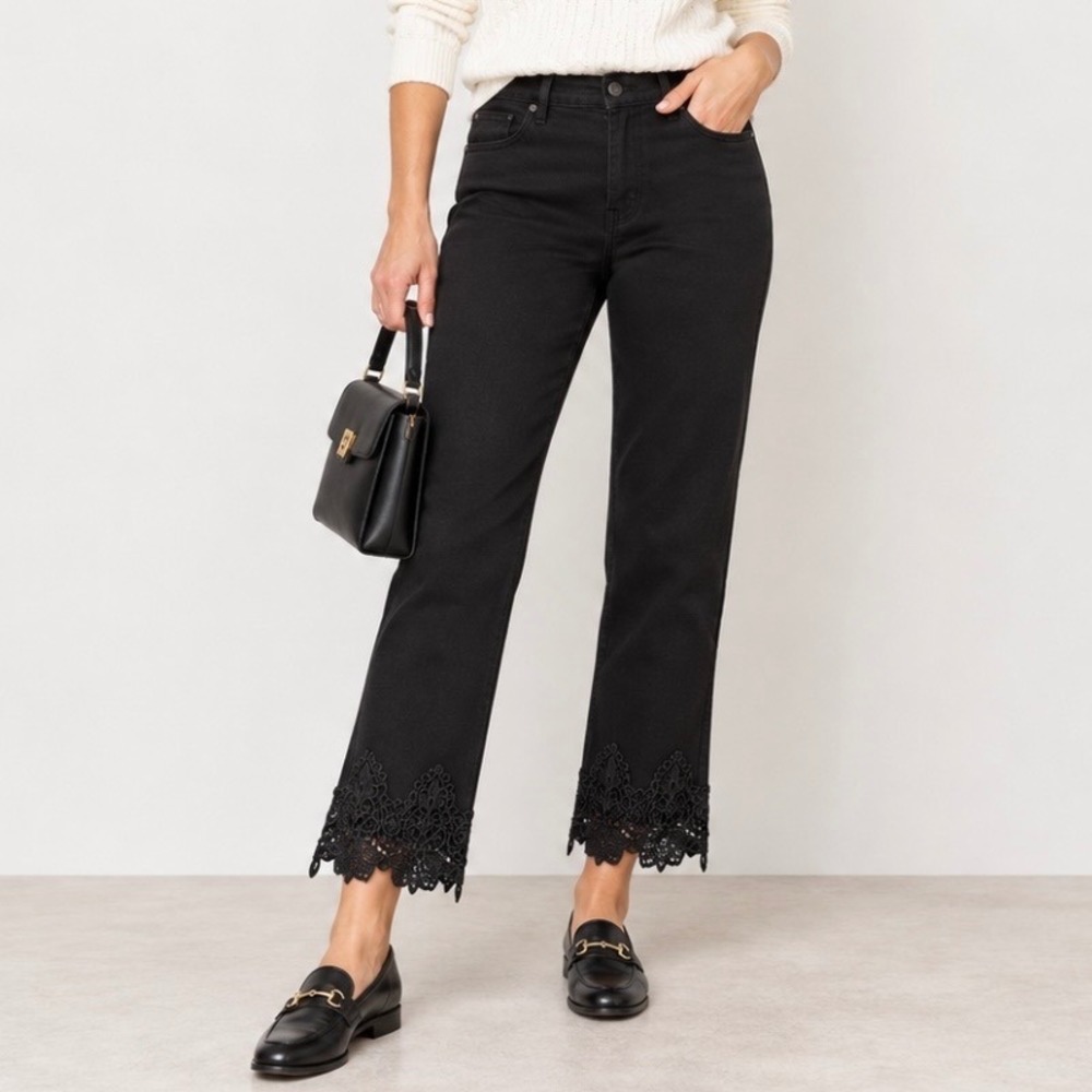 Chico's Perfect Stretch Girlfriend Lace Hem Ankle Jeans Size 16 or 3 Black Chic